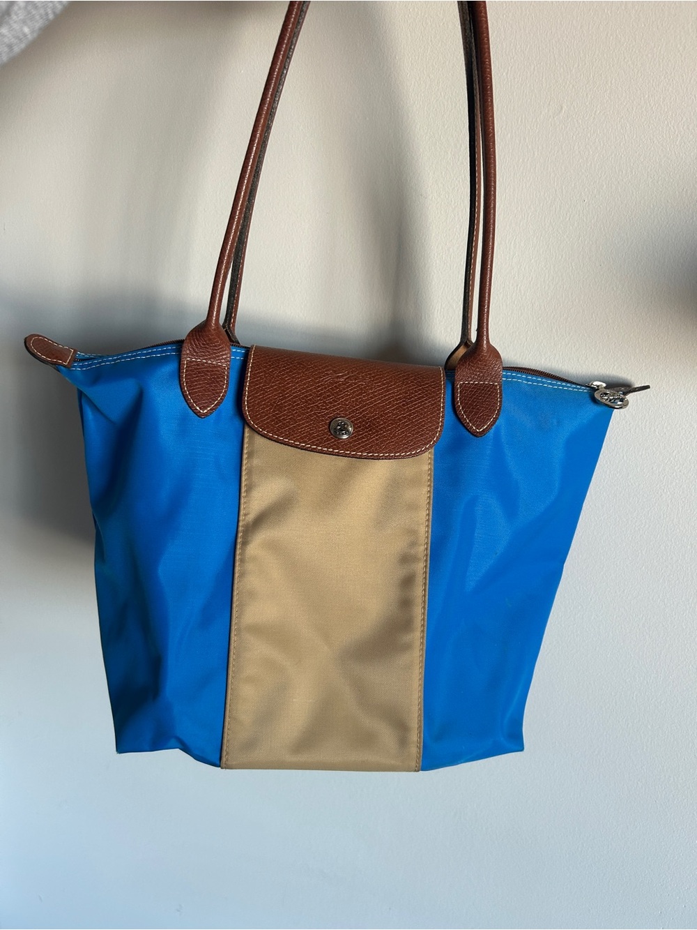 Longchamp Blue and Tan Nylon Tote with Brown Leather Trim